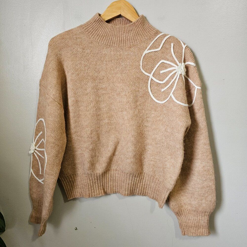 Gilli Tan Cowl Neck Sweater with White Floral Design